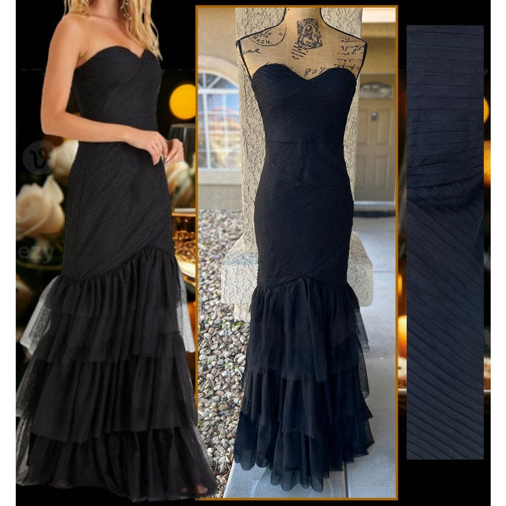 Lulus Strapless Black Tulle Pleated Trumpet Stunning Icon Maxi Dress Size M